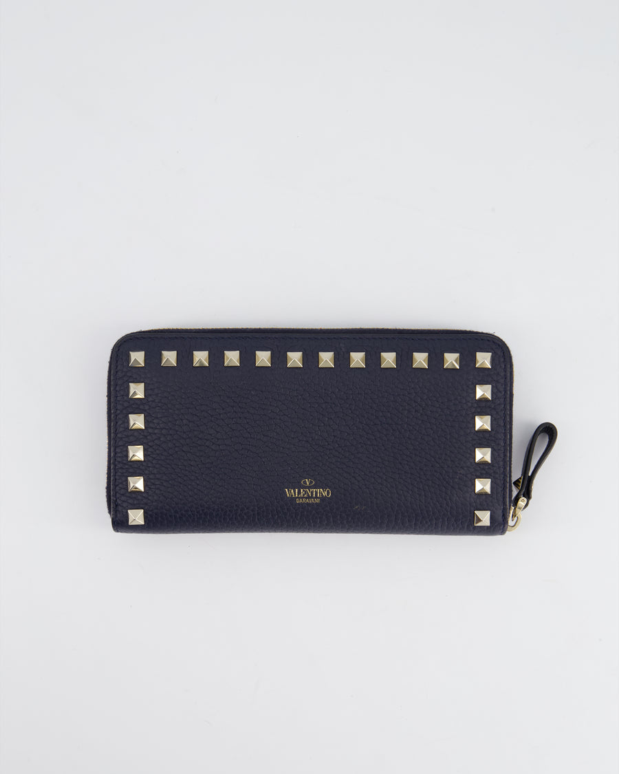 Valentino Navy Rockstud Zip Around Wallet with Champagne Gold Hardware