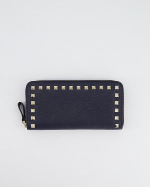 Valentino Navy Rockstud Zip Around Wallet with Champagne Gold Hardware