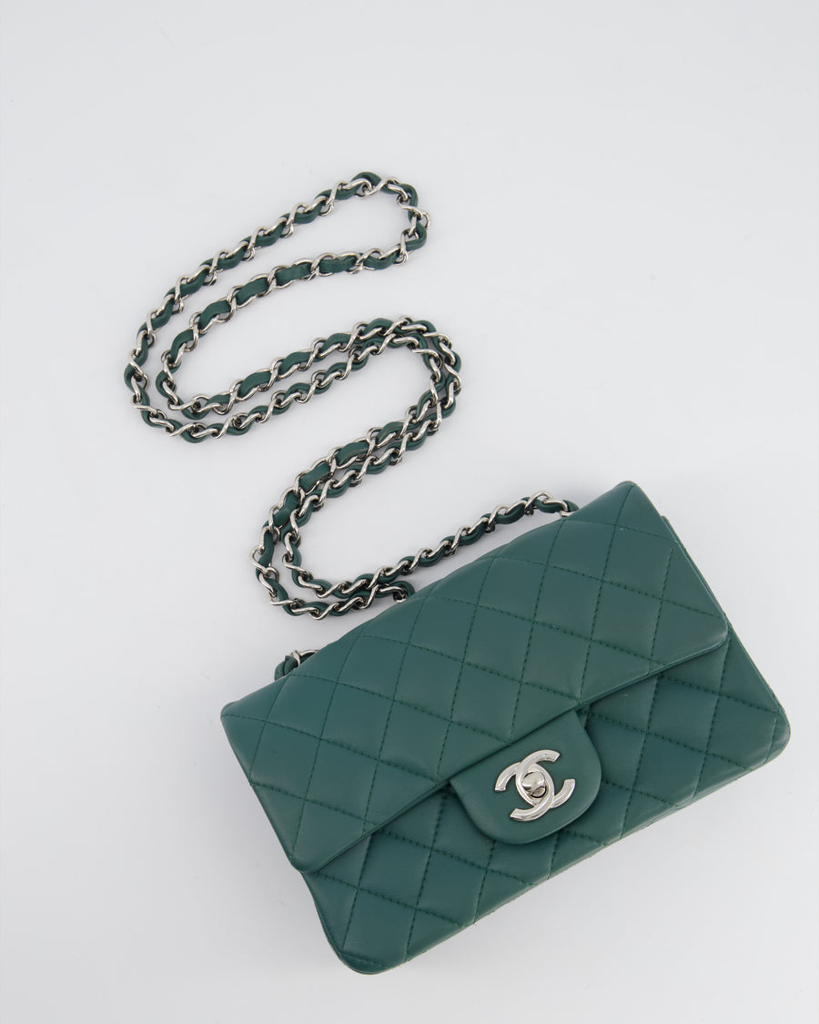 *RARE* Chanel Green Mini Rectangular Classic Flap Bag in Lambskin Leather with Silver Hardware