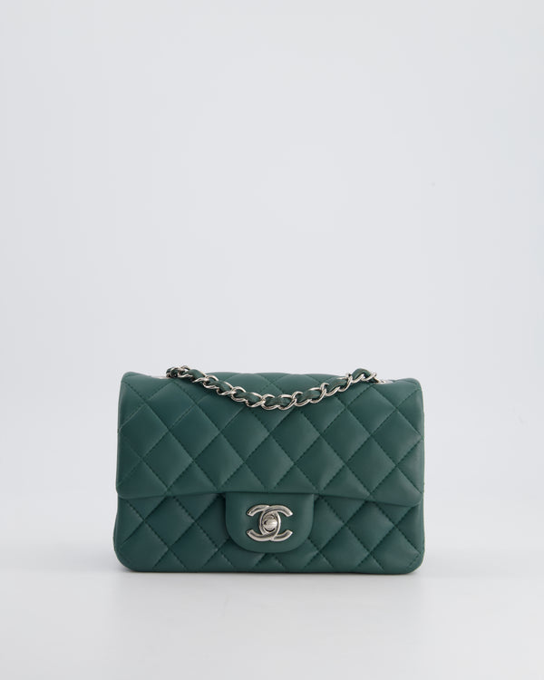 *RARE* Chanel Green Mini Rectangular Classic Flap Bag in Lambskin Leather with Silver Hardware