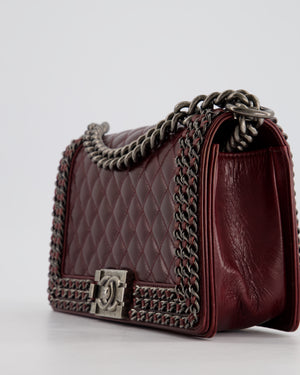 *HOT* Chanel Burgundy Medium Boy Bag in Shiny Aged Calfskin Leather with Ruthenium Hardware and Triple Chain Detail