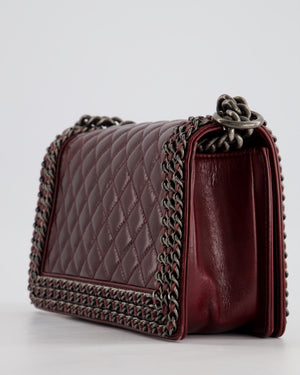 *HOT* Chanel Burgundy Medium Boy Bag in Shiny Aged Calfskin Leather with Ruthenium Hardware and Triple Chain Detail