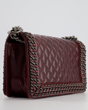 *HOT* Chanel Burgundy Medium Boy Bag in Shiny Aged Calfskin Leather with Ruthenium Hardware and Triple Chain Detail