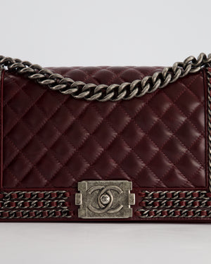 *HOT* Chanel Burgundy Medium Boy Bag in Shiny Aged Calfskin Leather with Ruthenium Hardware and Triple Chain Detail