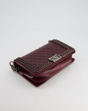 *HOT* Chanel Burgundy Medium Boy Bag in Shiny Aged Calfskin Leather with Ruthenium Hardware and Triple Chain Detail