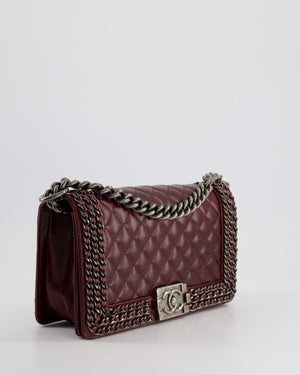 *HOT* Chanel Burgundy Medium Boy Bag in Shiny Aged Calfskin Leather with Ruthenium Hardware and Triple Chain Detail