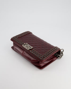 *HOT* Chanel Burgundy Medium Boy Bag in Shiny Aged Calfskin Leather with Ruthenium Hardware and Triple Chain Detail