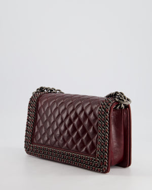 *HOT* Chanel Burgundy Medium Boy Bag in Shiny Aged Calfskin Leather with Ruthenium Hardware and Triple Chain Detail