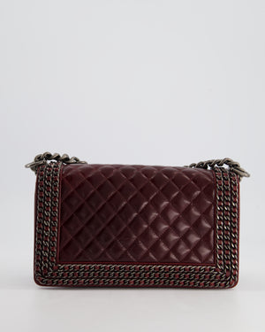 *HOT* Chanel Burgundy Medium Boy Bag in Shiny Aged Calfskin Leather with Ruthenium Hardware and Triple Chain Detail