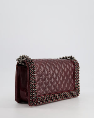 *HOT* Chanel Burgundy Medium Boy Bag in Shiny Aged Calfskin Leather with Ruthenium Hardware and Triple Chain Detail