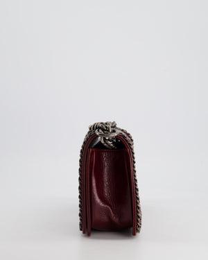 *HOT* Chanel Burgundy Medium Boy Bag in Shiny Aged Calfskin Leather with Ruthenium Hardware and Triple Chain Detail