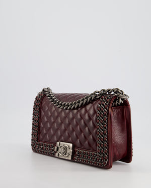 *HOT* Chanel Burgundy Medium Boy Bag in Shiny Aged Calfskin Leather with Ruthenium Hardware and Triple Chain Detail