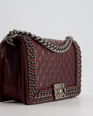 *HOT* Chanel Burgundy Medium Boy Bag in Shiny Aged Calfskin Leather with Ruthenium Hardware and Triple Chain Detail