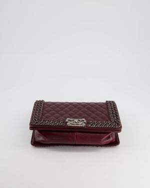 *HOT* Chanel Burgundy Medium Boy Bag in Shiny Aged Calfskin Leather with Ruthenium Hardware and Triple Chain Detail