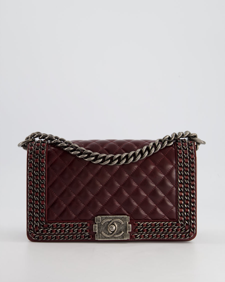 *HOT* Chanel Burgundy Medium Boy Bag in Shiny Aged Calfskin Leather with Ruthenium Hardware and Triple Chain Detail