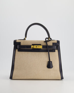 *SUPER FIRE PRICE* Hermès Vintage Kelly 28cm Bag in Ecru Canvas and Navy Box Leather with Gold Hardware