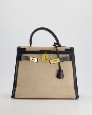 *SUPER FIRE PRICE* Hermès Vintage Kelly 28cm Bag in Ecru Canvas and Navy Box Leather with Gold Hardware