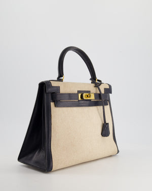 *SUPER FIRE PRICE* Hermès Vintage Kelly 28cm Bag in Ecru Canvas and Navy Box Leather with Gold Hardware