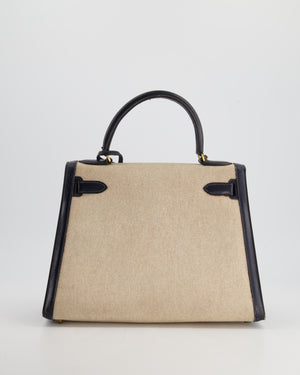 *SUPER FIRE PRICE* Hermès Vintage Kelly 28cm Bag in Ecru Canvas and Navy Box Leather with Gold Hardware