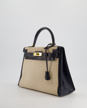 *SUPER FIRE PRICE* Hermès Vintage Kelly 28cm Bag in Ecru Canvas and Navy Box Leather with Gold Hardware