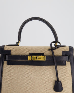 *SUPER FIRE PRICE* Hermès Vintage Kelly 28cm Bag in Ecru Canvas and Navy Box Leather with Gold Hardware