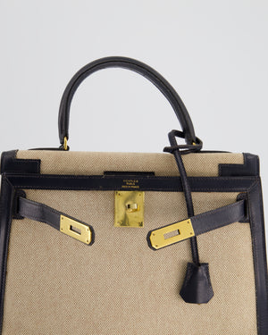 *SUPER FIRE PRICE* Hermès Vintage Kelly 28cm Bag in Ecru Canvas and Navy Box Leather with Gold Hardware