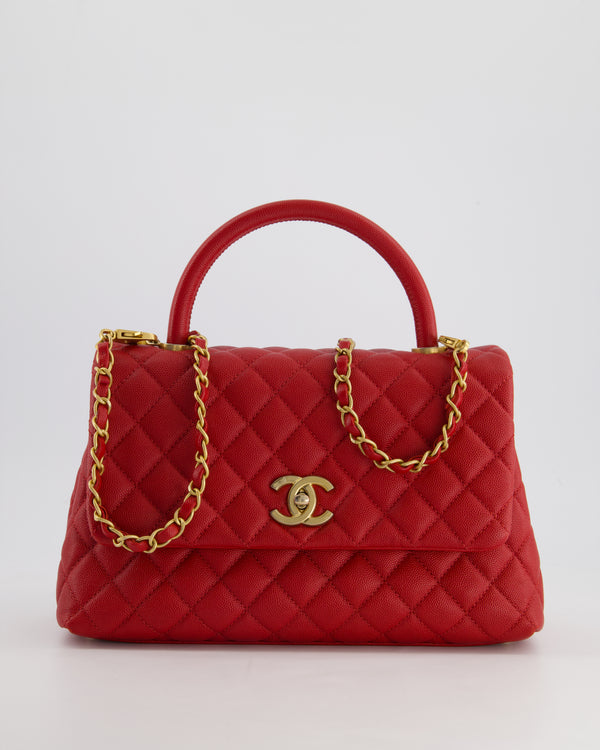 *HOT* Chanel Medium Strawberry Red Caviar Quilted Coco Top Handle with Brushed Gold Hardware