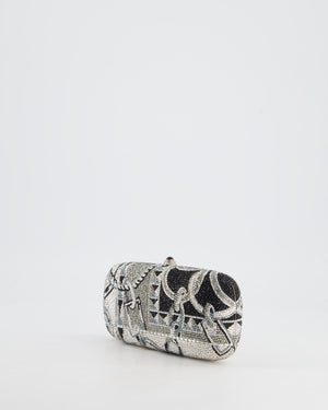 Judith Leiber Silver, Black Diamante Clutch Bag with Chain