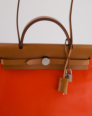 Hermès Herbag 31 Bag in Orange Toile Canvas and Natural Vache Leather with Palladium Hardware