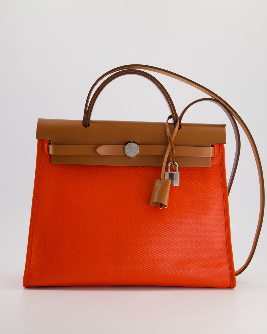 Hermès Herbag 31 Bag in Orange Toile Canvas and Natural Vache Leather with Palladium Hardware