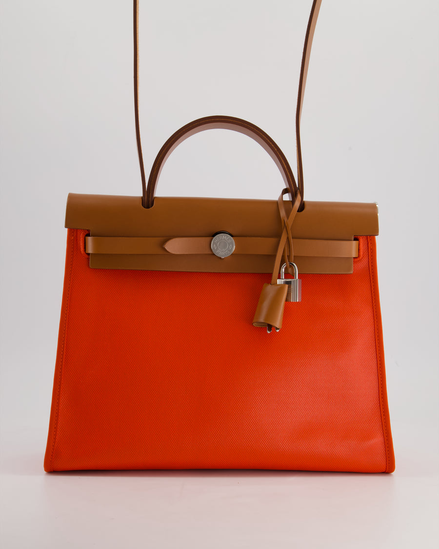 Hermès Herbag 31 Bag in Orange Toile Canvas and Natural Vache Leather with Palladium Hardware