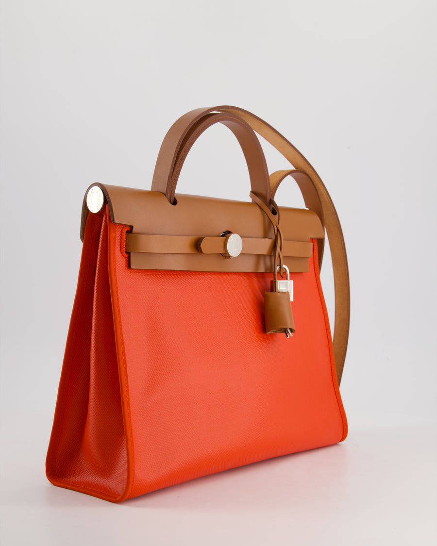 Hermès Herbag 31 Bag in Orange Toile Canvas and Natural Vache Leather with Palladium Hardware