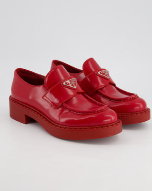 *HOT* Prada Red Loafers In Brushed Calfskin Leather with Logo Detail Size EU 37.5 RRP £920