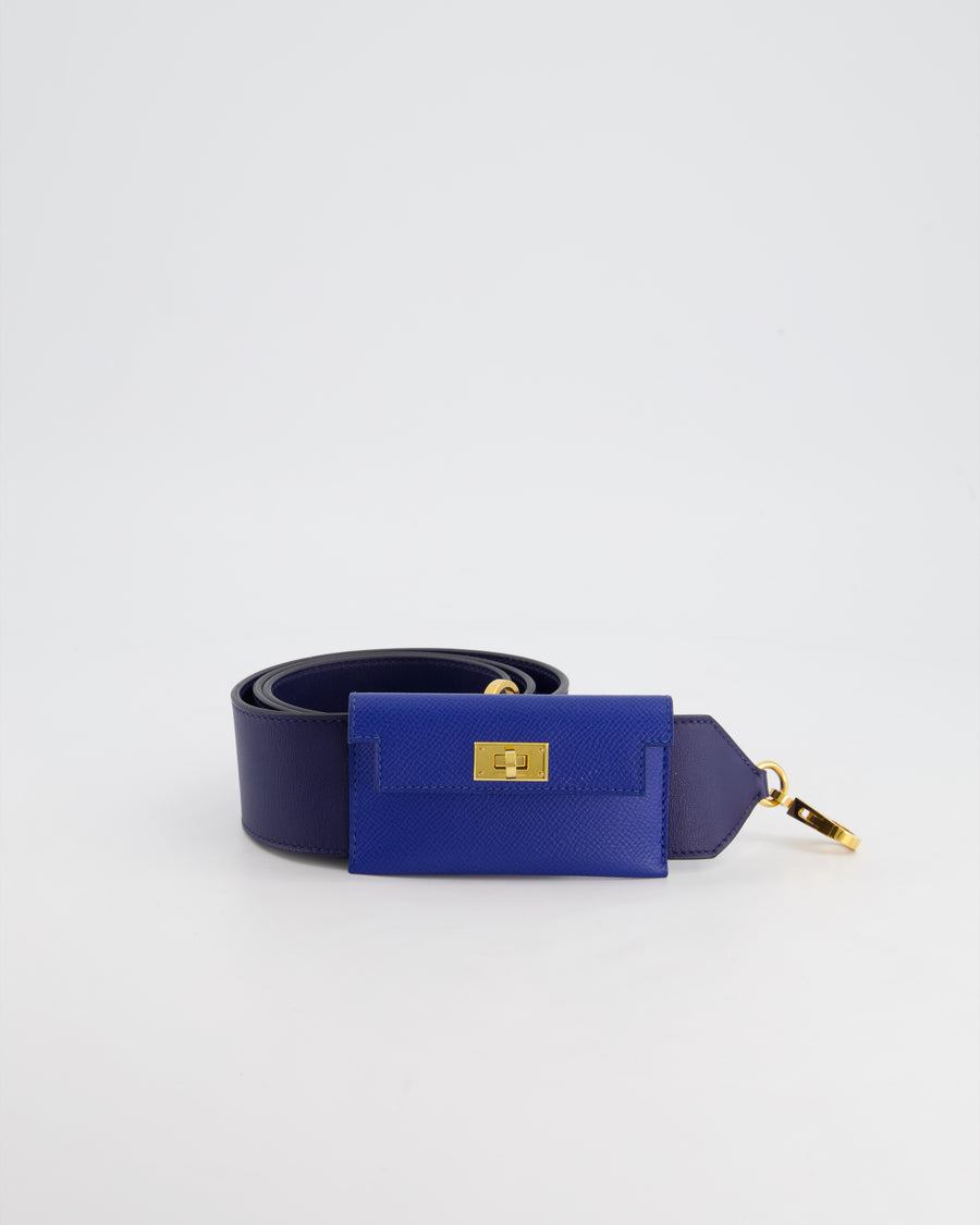 Hermès Blue Sapphire Swift Leather &  Zellige Epsom Leather Kelly Pocket Strap with Gold Hardware