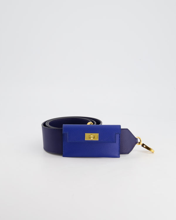 Hermès Blue Sapphire Swift Leather &  Zellige Epsom Leather Kelly Pocket Strap with Gold Hardware