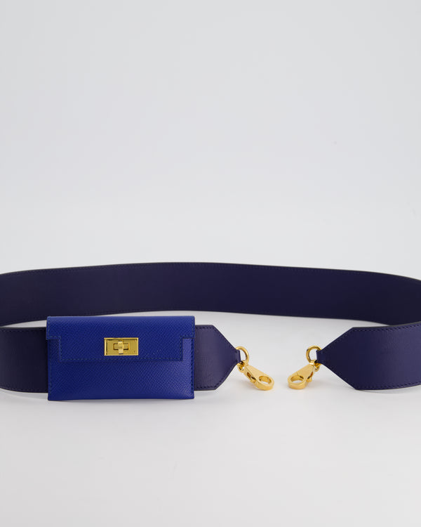 Hermès Blue Sapphire Swift Leather &  Zellige Epsom Leather Kelly Pocket Strap with Gold Hardware