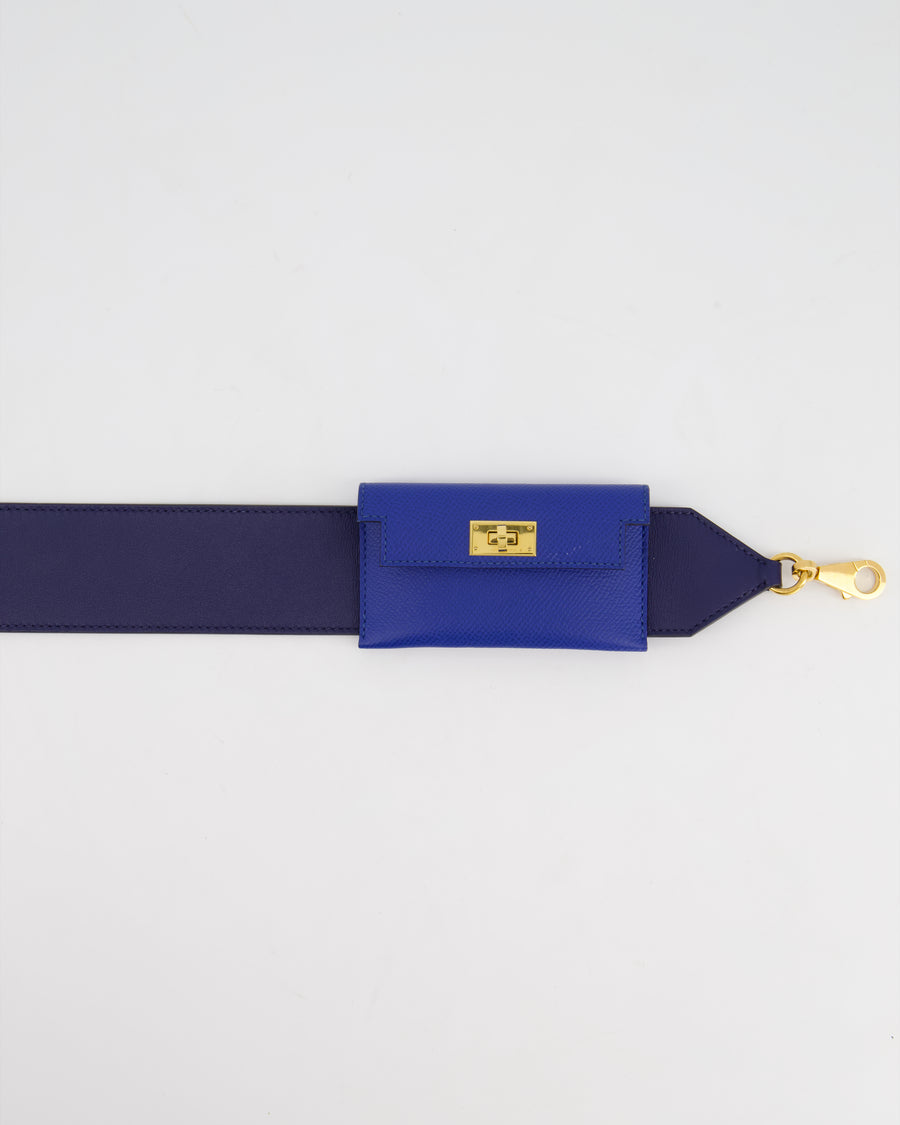 Hermès Blue Sapphire Swift Leather &  Zellige Epsom Leather Kelly Pocket Strap with Gold Hardware