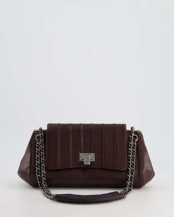 Chanel Vintage Dark Chocolate Brown Accordion Flap Bag in Vertical Quilted Lambskin Leather with Gunmetal Hardware