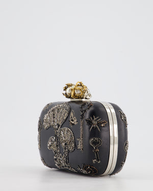 Alexander McQueen Black Leather Clutch Bag with Silver Hardware, Embellished Skull Clasp and Beaded Detail