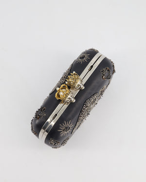 Alexander McQueen Black Leather Clutch Bag with Silver Hardware, Embellished Skull Clasp and Beaded Detail