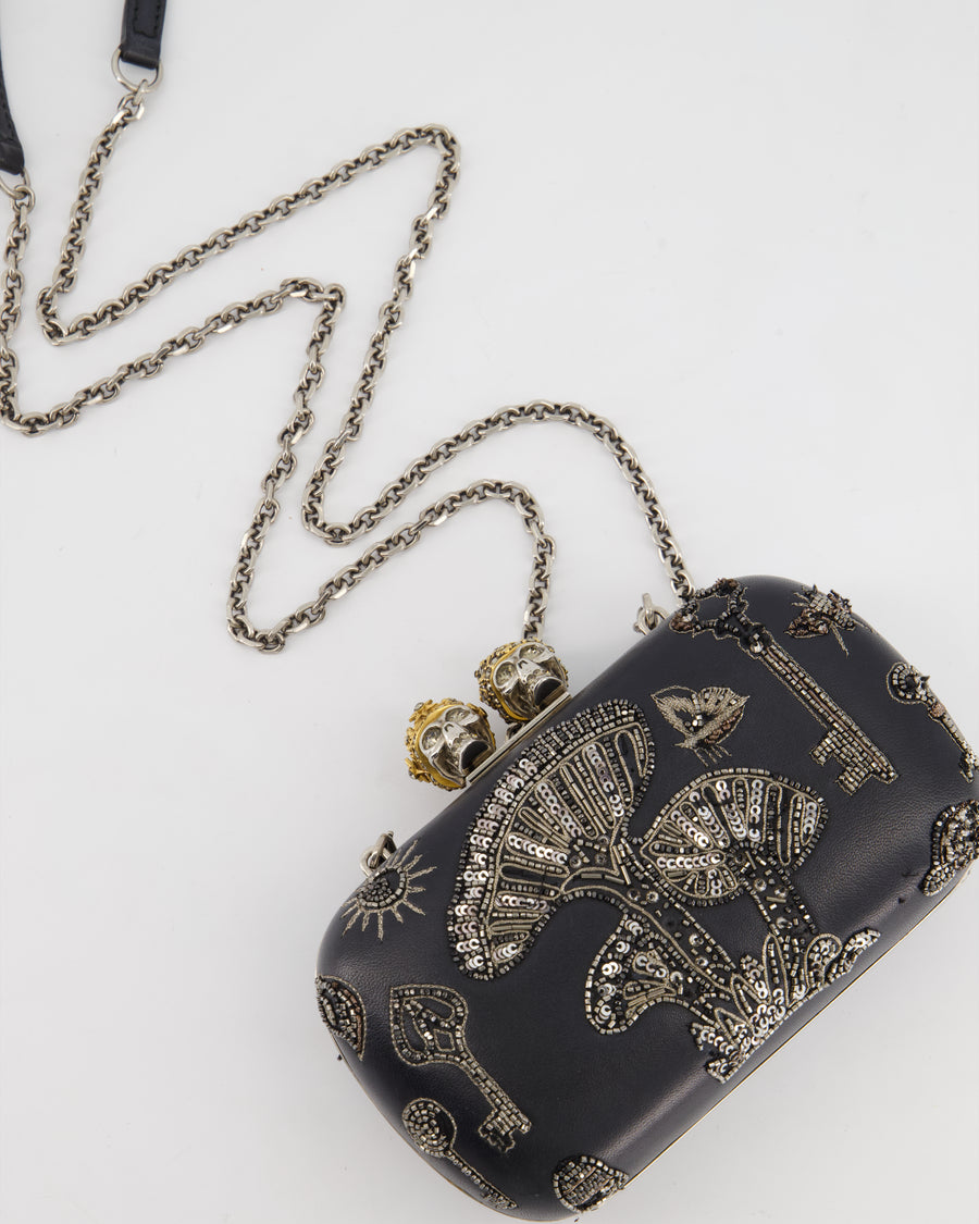 Alexander McQueen Black Leather Clutch Bag with Silver Hardware, Embellished Skull Clasp and Beaded Detail