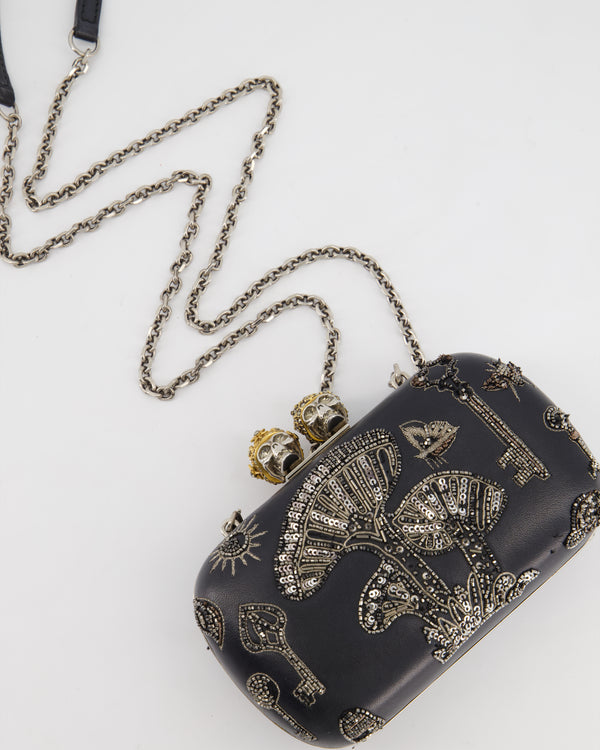 Alexander McQueen Black Leather Clutch Bag with Silver Hardware, Embellished Skull Clasp and Beaded Detail