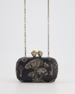 Alexander McQueen Black Leather Clutch Bag with Silver Hardware, Embellished Skull Clasp and Beaded Detail