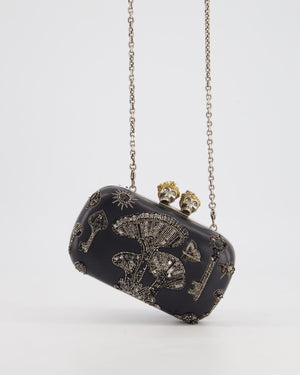 Alexander McQueen Black Leather Clutch Bag with Silver Hardware, Embellished Skull Clasp and Beaded Detail