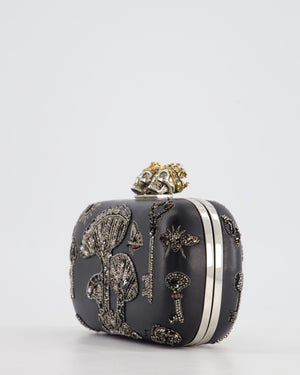 Alexander McQueen Black Leather Clutch Bag with Silver Hardware, Embellished Skull Clasp and Beaded Detail