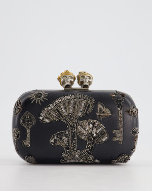 Alexander McQueen Black Leather Clutch Bag with Silver Hardware, Embellished Skull Clasp and Beaded Detail