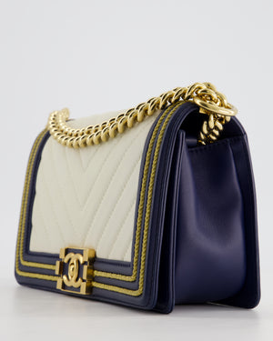 *HOT* Chanel Navy & White Medium Boy Bag in Lambskin Leather with Gold Hardware and Gold Rope Trim Detail