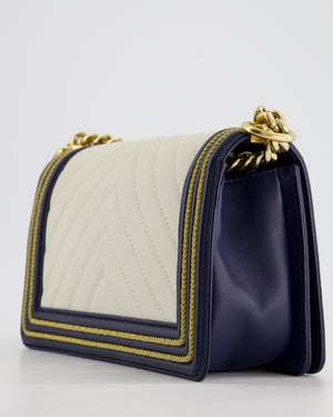 *HOT* Chanel Navy & White Medium Boy Bag in Lambskin Leather with Gold Hardware and Gold Rope Trim Detail