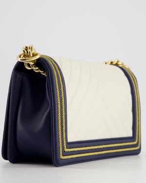 *HOT* Chanel Navy & White Medium Boy Bag in Lambskin Leather with Gold Hardware and Gold Rope Trim Detail