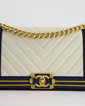 *HOT* Chanel Navy & White Medium Boy Bag in Lambskin Leather with Gold Hardware and Gold Rope Trim Detail